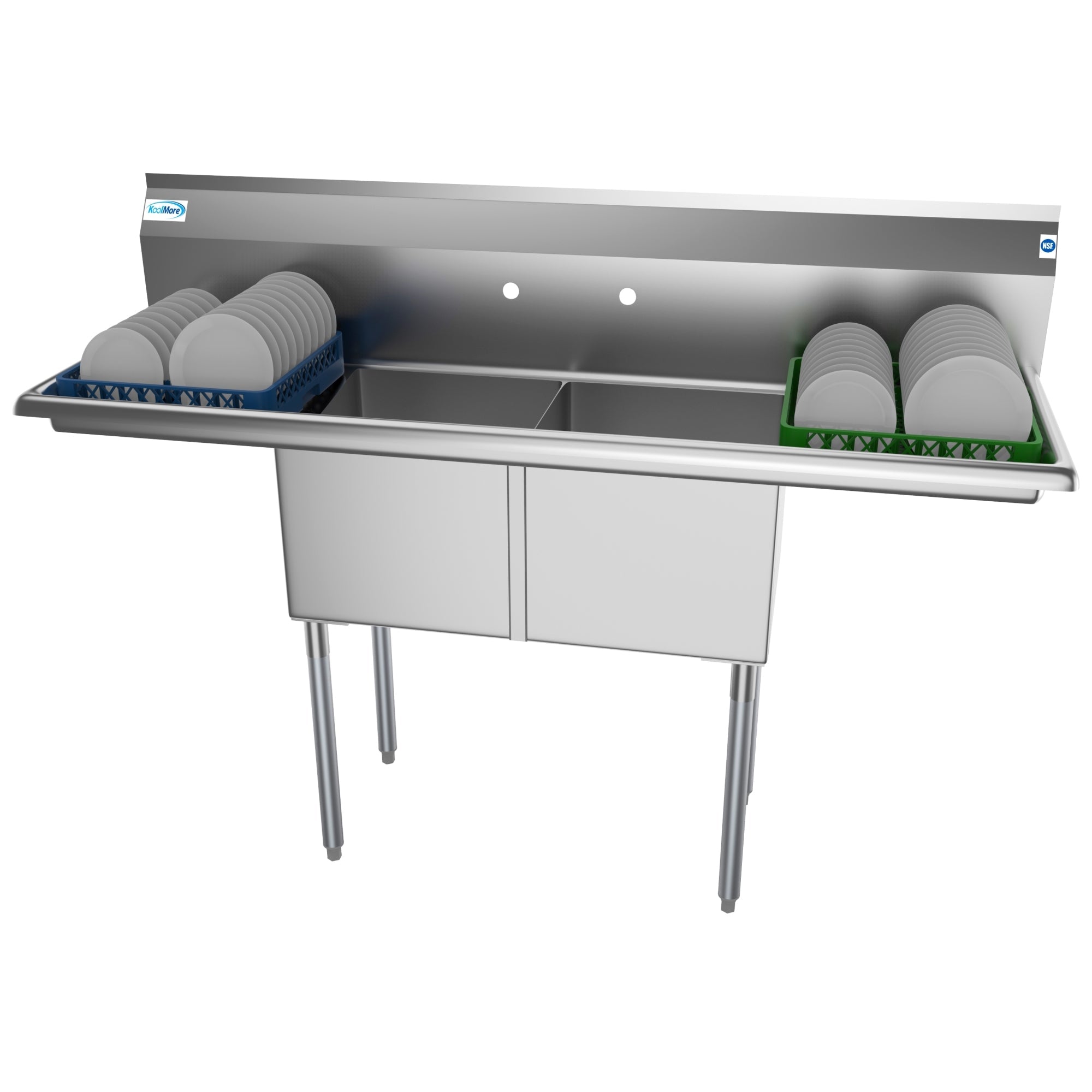 60 in. Two Compartment Stainless Steel Commercial Sink with 2 Drainboards, Bowl Size 15"x 15"x 12"