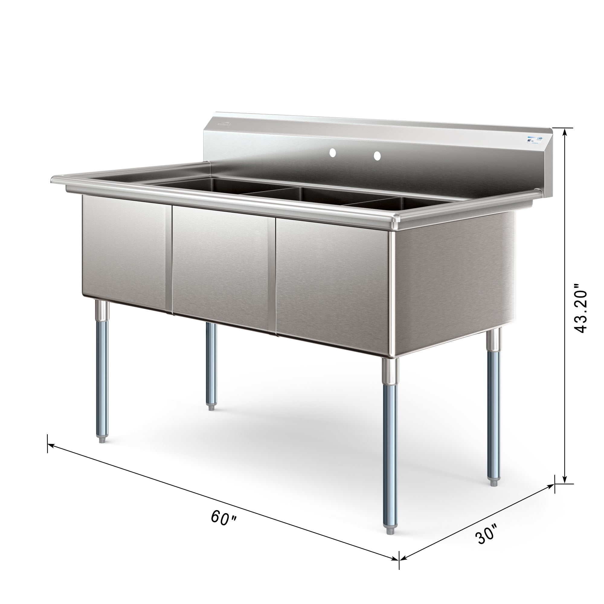 60 in. Three Compartment Commercial Sink, Bowl Size 18x24x14 in 18-Gauge Stainless-Steel