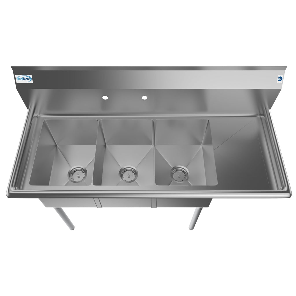 51 in. Three Compartment Stainless Steel Commercial Sink with Drainboard, Bowl Size 12"x 16"x 10"