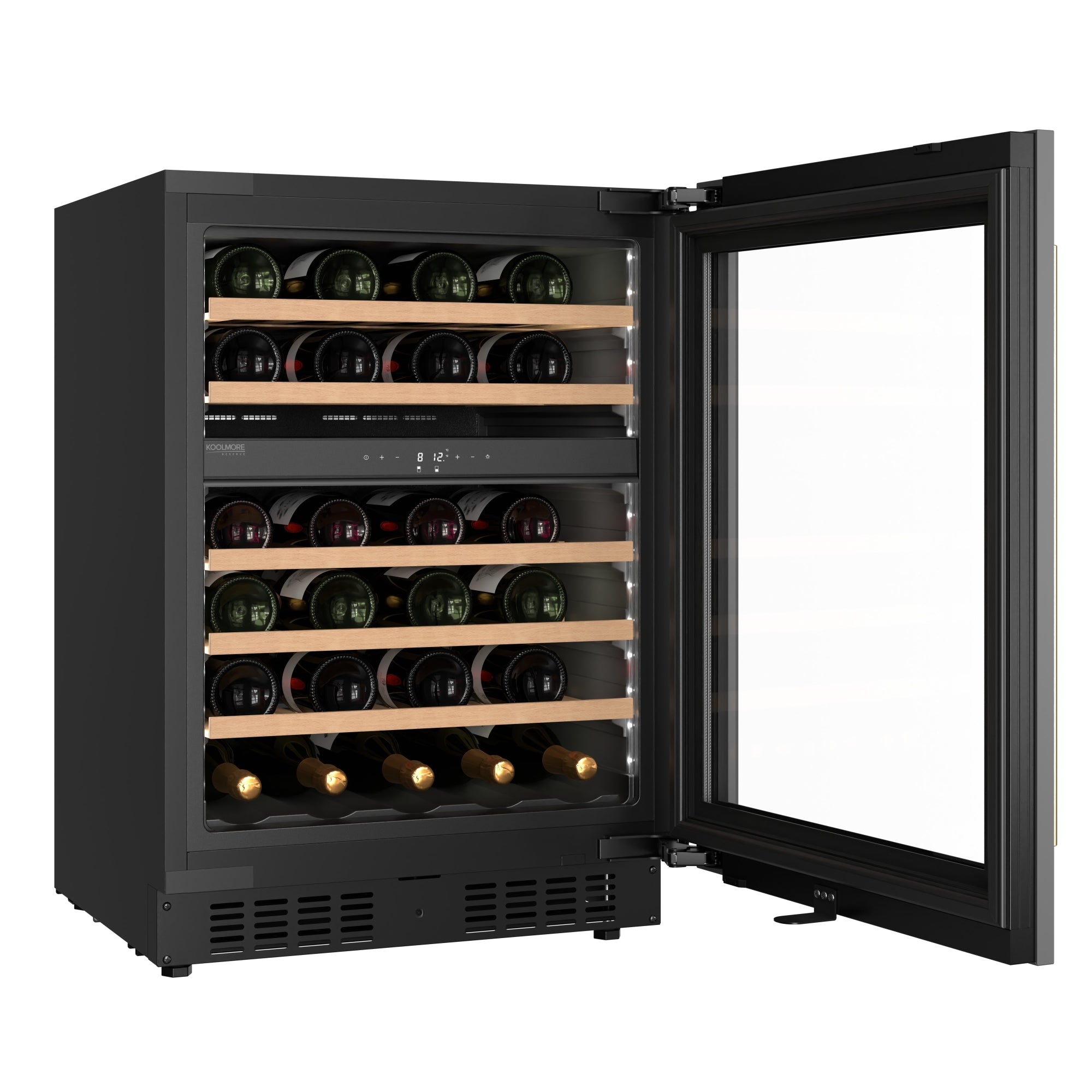 KoolMore Reserve 24 in. Under-Counter Panel Ready Dual Zone Built-in Wine Cooler with 45 Bottle Capacity and Wooden Shelves in Black