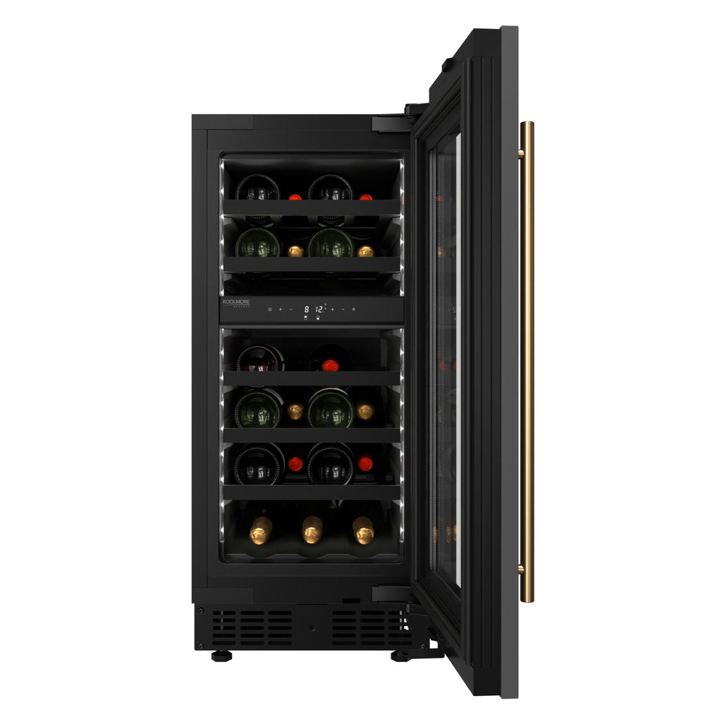 KoolMore Reserve 15 in. Under-Counter Panel Ready Dual Zone Built-in Wine Cooler with Black Shelves and 23 Bottle Capacity in Black