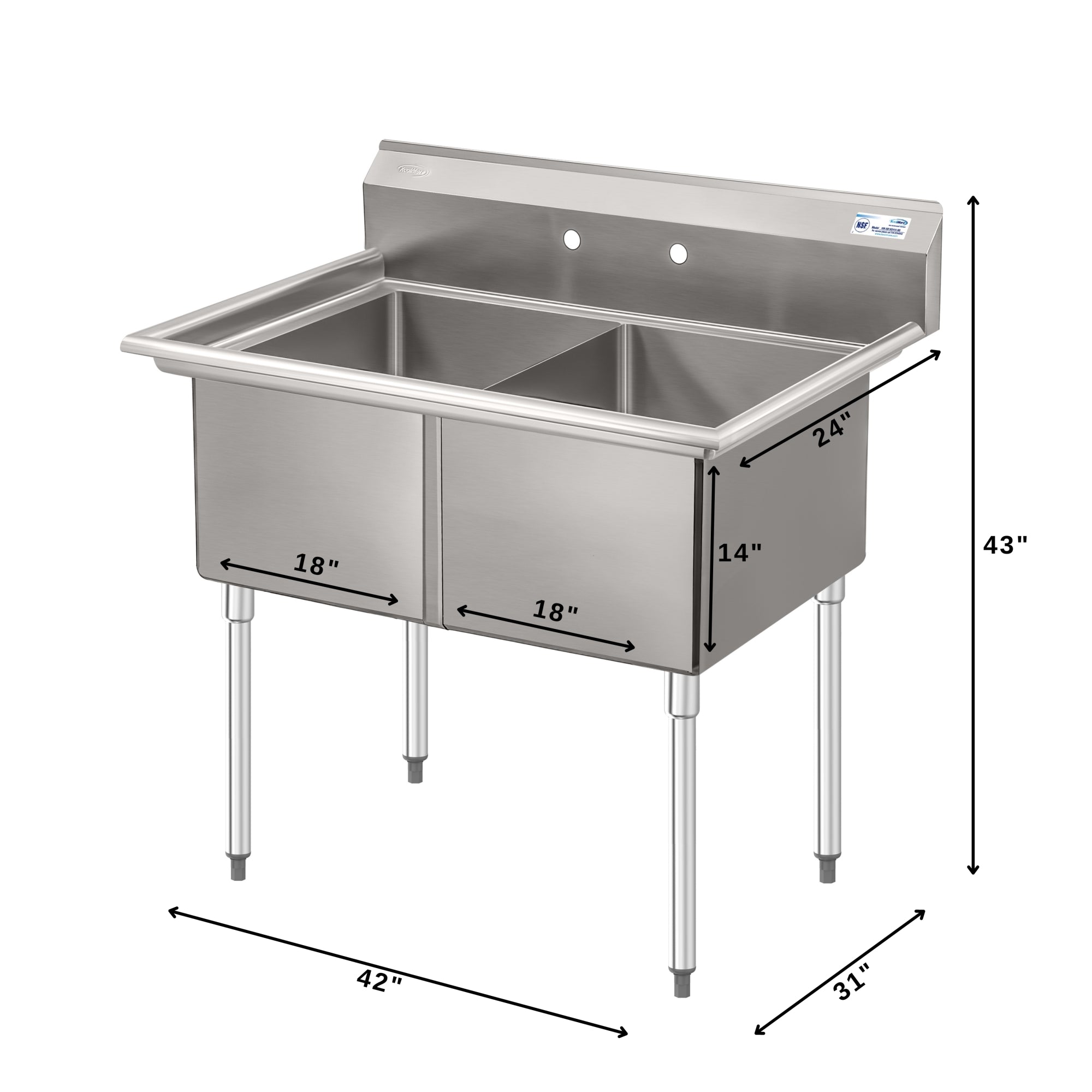 42 in. 18-Gauge 2-Compartment Commercial Sink with Backsplash, Bowl dimensions 18"x24"x14" in Stainless-Steel