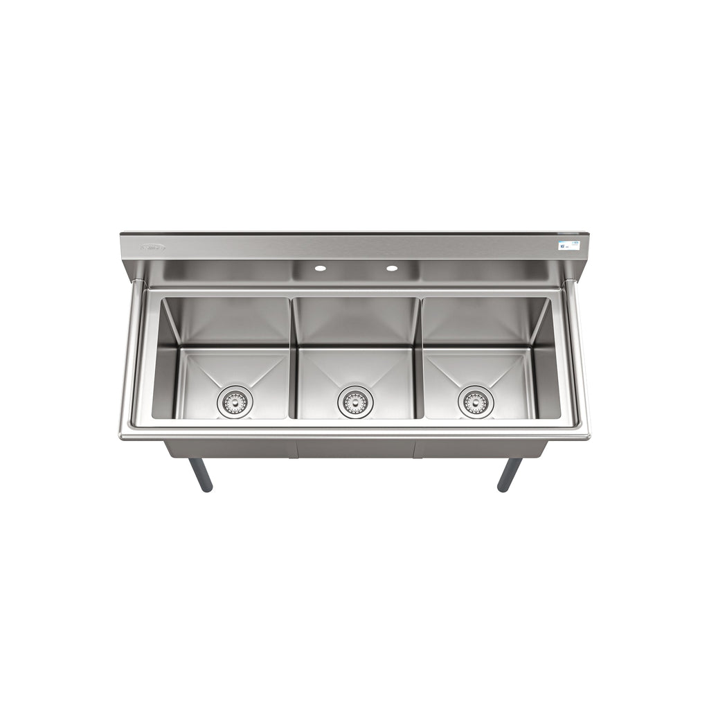51 in. Three Compartment Commercial Sink, Bowl Size 15x15x14, 18 Gauge Stainless-Steel