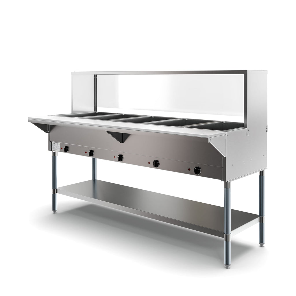 Five Pan Open Well Electric Steam Table with Undershelf and Sneeze-Guard, 240V
