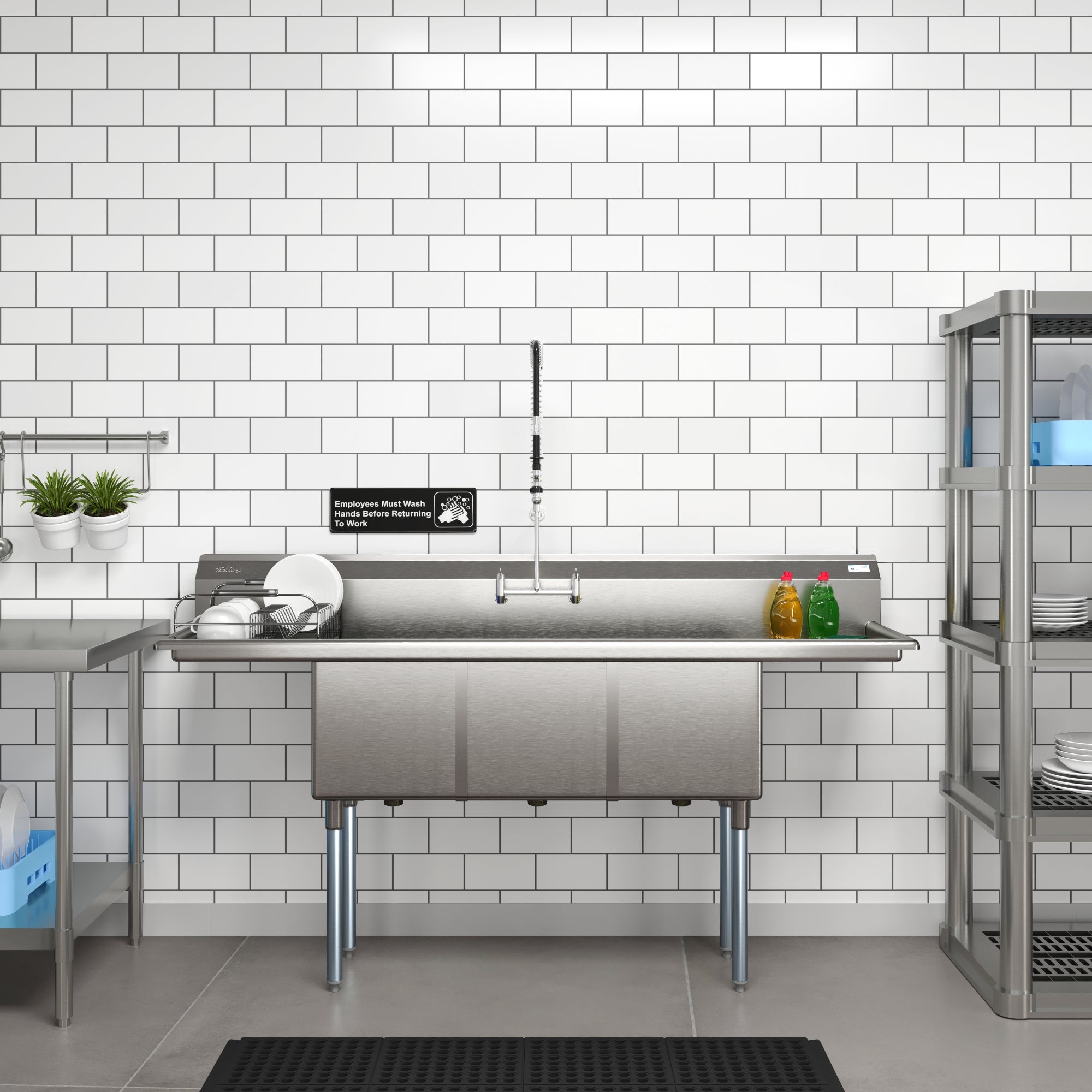 75 in Three Compartment Commercial Sink, Bowl Size 15x15x14, 16 Gauge Stainless-Steel with 2 Drainboards