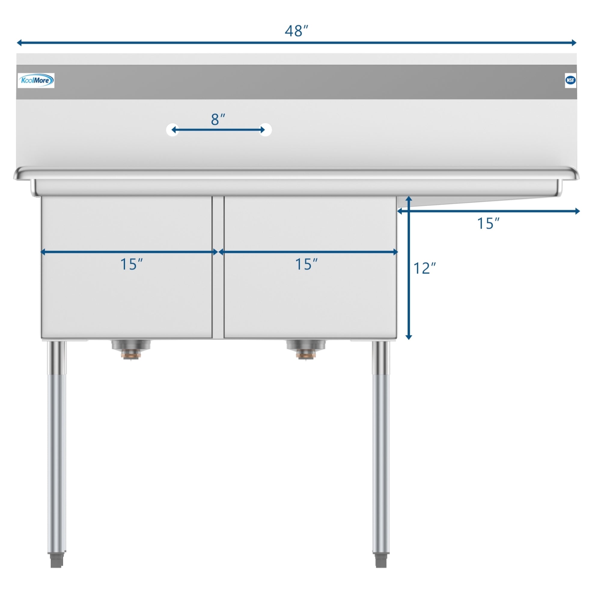 48 in. Two Compartment Stainless Steel Commercial Sink with Drainboard, Bowl Size 15"x 15"x 12"