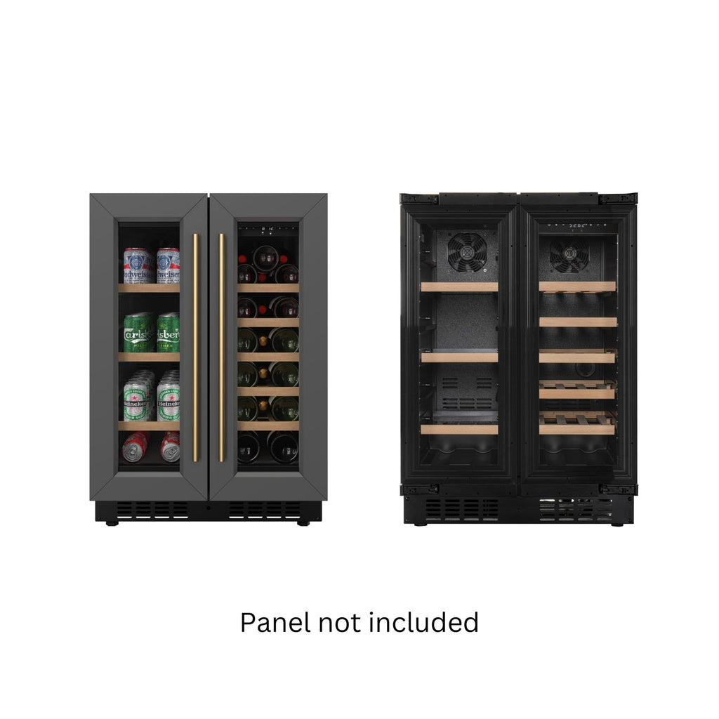 KoolMore Reserve 24 in. French Door Dual Zone Panel Ready Under-Counter Cooler with Wooden Shelves and 20 Bottle Capacity in the Right Zone and 2.1 Cu. Ft. on the Left in Black