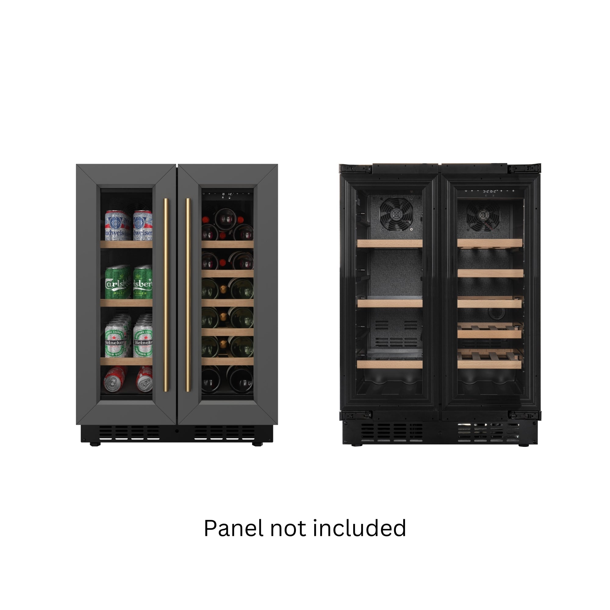 KoolMore Reserve 24 in. French Door Dual Zone Panel Ready Under-Counter Cooler with Wooden Shelves and 20 Bottle Capacity in the Right Zone and 2.1 Cu. Ft. on the Left in Black