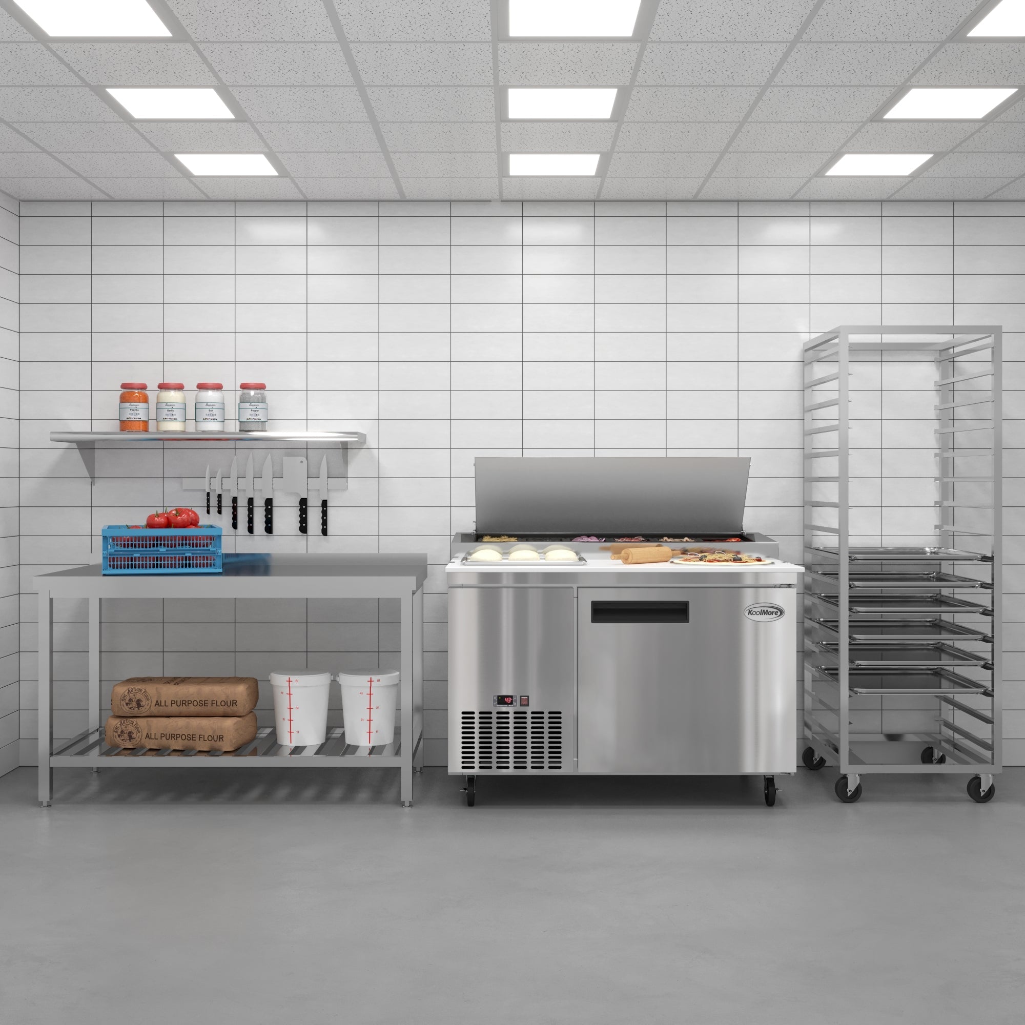 50 in. One Door Commercial Pizza Prep Refrigerator in Stainless-Steel