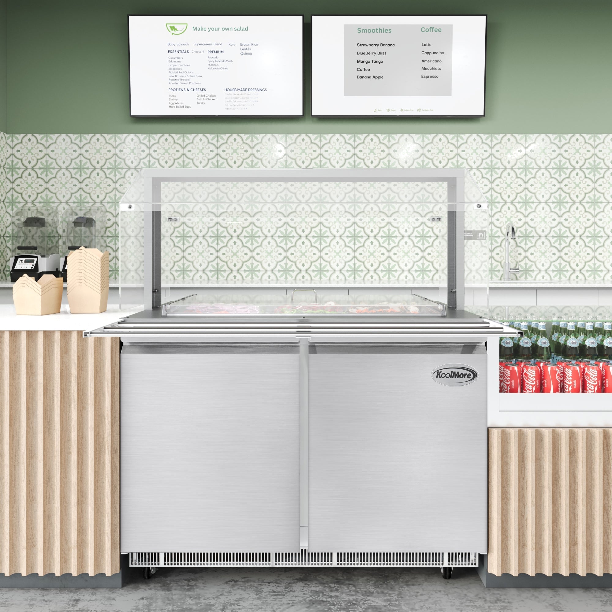 48 in. Commercial Refrigerated Prep Station with Sneeze Guard and Buffet Slide, 9-Pan Capacity (Not Included) with Covers and Two Adjustable Shelves in Stainless-Steel, ETL Listed