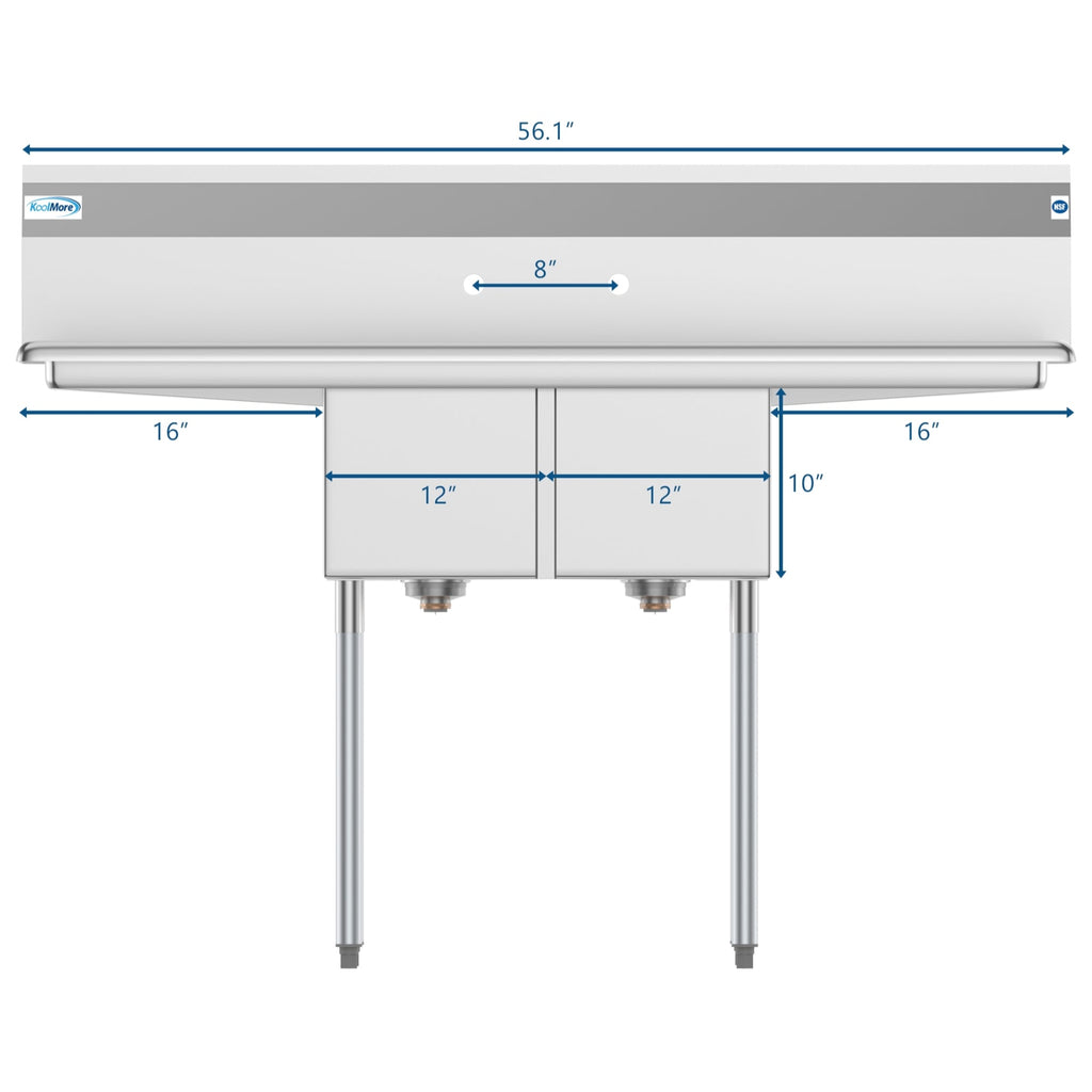 56 in. Two Compartment Stainless Steel Commercial Sink with 2 Drainboards, Bowl Size 12"x 16"x 10"