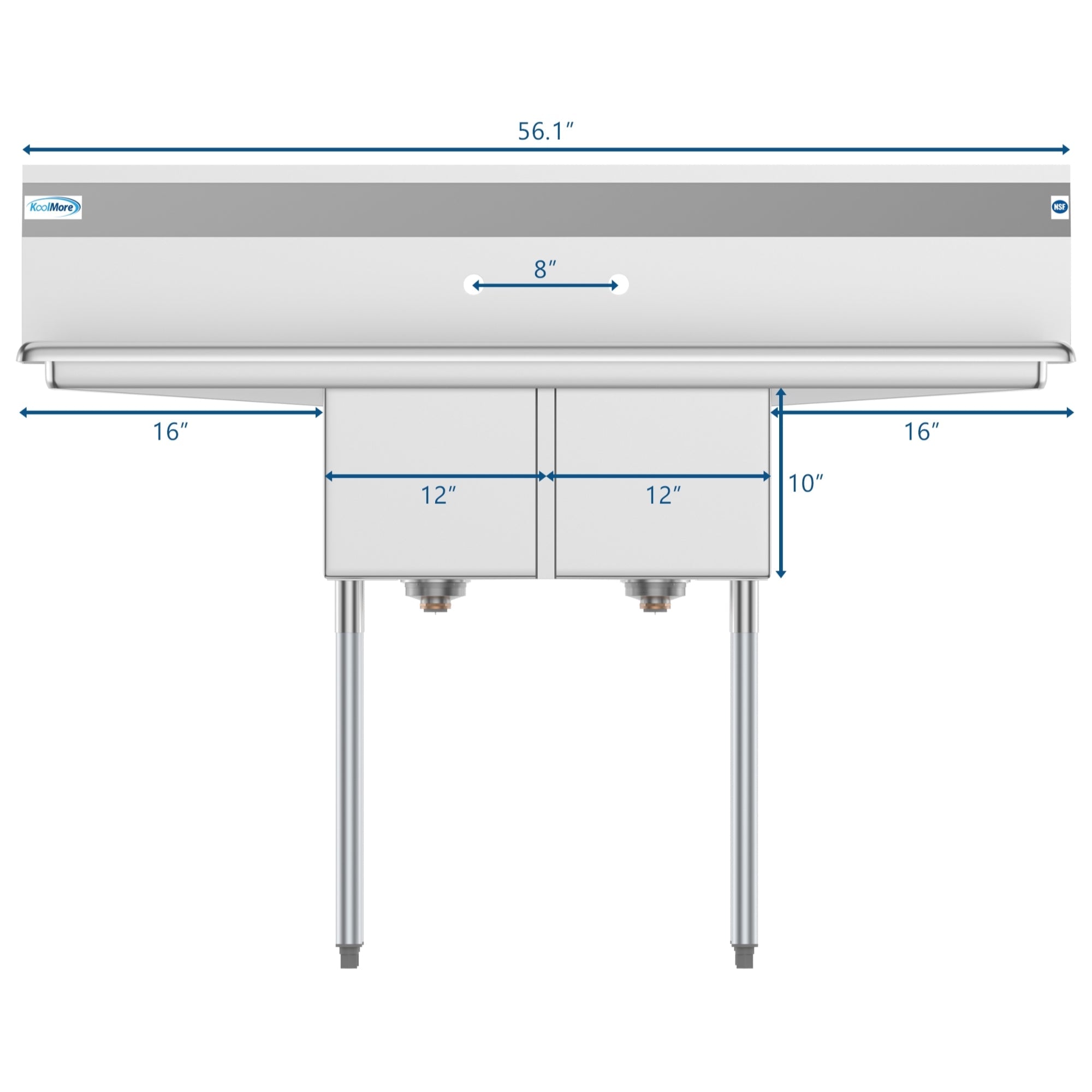 56 in. Two Compartment Stainless Steel Commercial Sink with 2 Drainboards, Bowl Size 12"x 16"x 10"