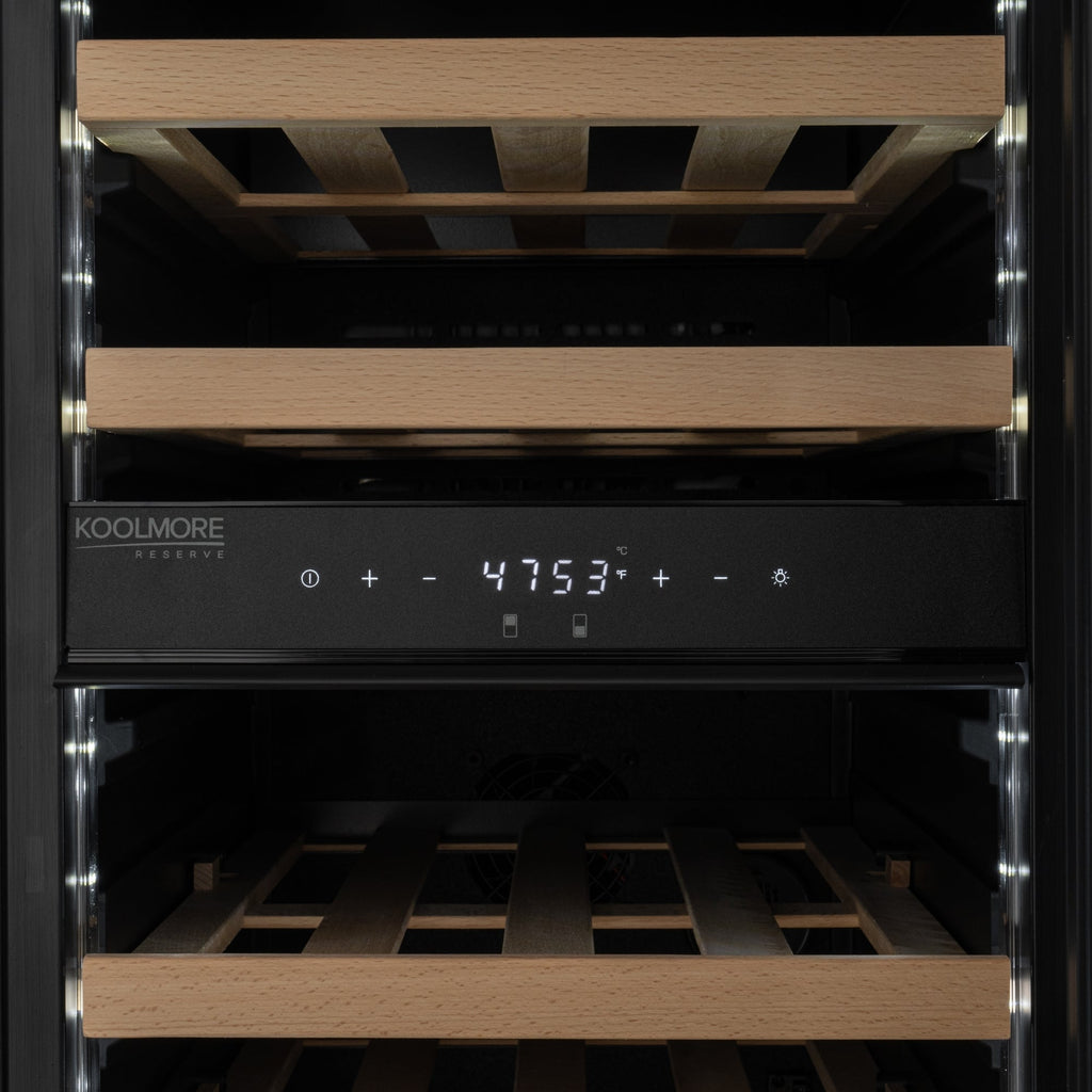 KoolMore Reserve 15 in. Under-Counter Panel Ready Dual Zone Built-in Wine Cooler with 23 Bottle Capacity and Wooden Shelves in Black
