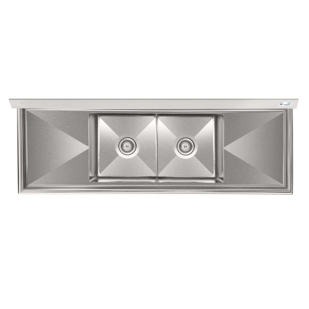72 in. 16-Gauge Commercial Sink with Backsplash and Dual 18 in. Drainboards, Bowl Dimensions 18"x18"x14" in Stainless-Steel