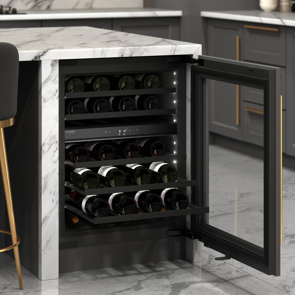 KoolMore Reserve 24 in. Under-Counter Panel Ready Dual Zone Built-in Wine Cooler with Black Shelves and 45 Bottle Capacity in Black