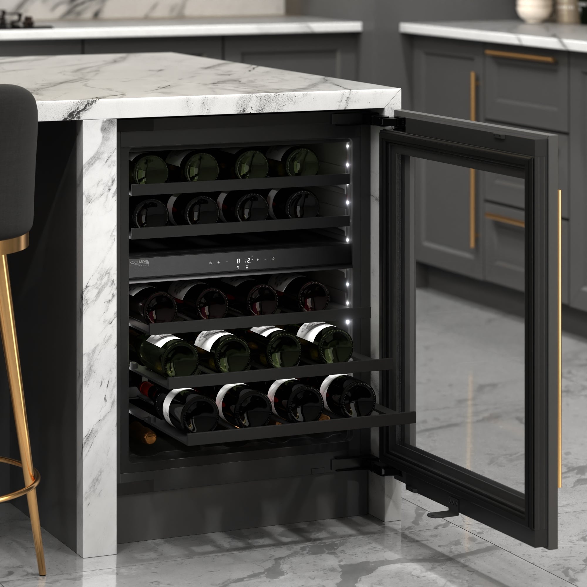 KoolMore Reserve 24 in. Under-Counter Panel Ready Dual Zone Built-in Wine Cooler with Black Shelves and 45 Bottle Capacity in Black