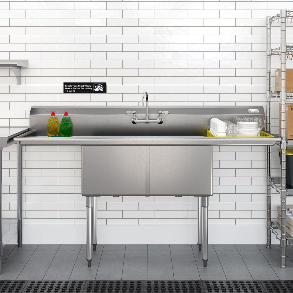 72 in. 16-Gauge Commercial Sink with Backsplash and Dual 18 in. Drainboards, Bowl Dimensions 18"x18"x14" in Stainless-Steel