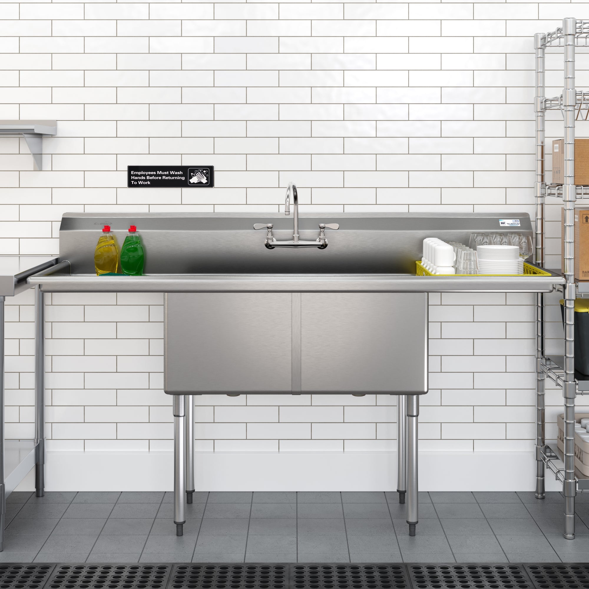72 in. 16-Gauge Commercial Sink with Backsplash and Dual 18 in. Drainboards, Bowl Dimensions 18"x18"x14" in Stainless-Steel
