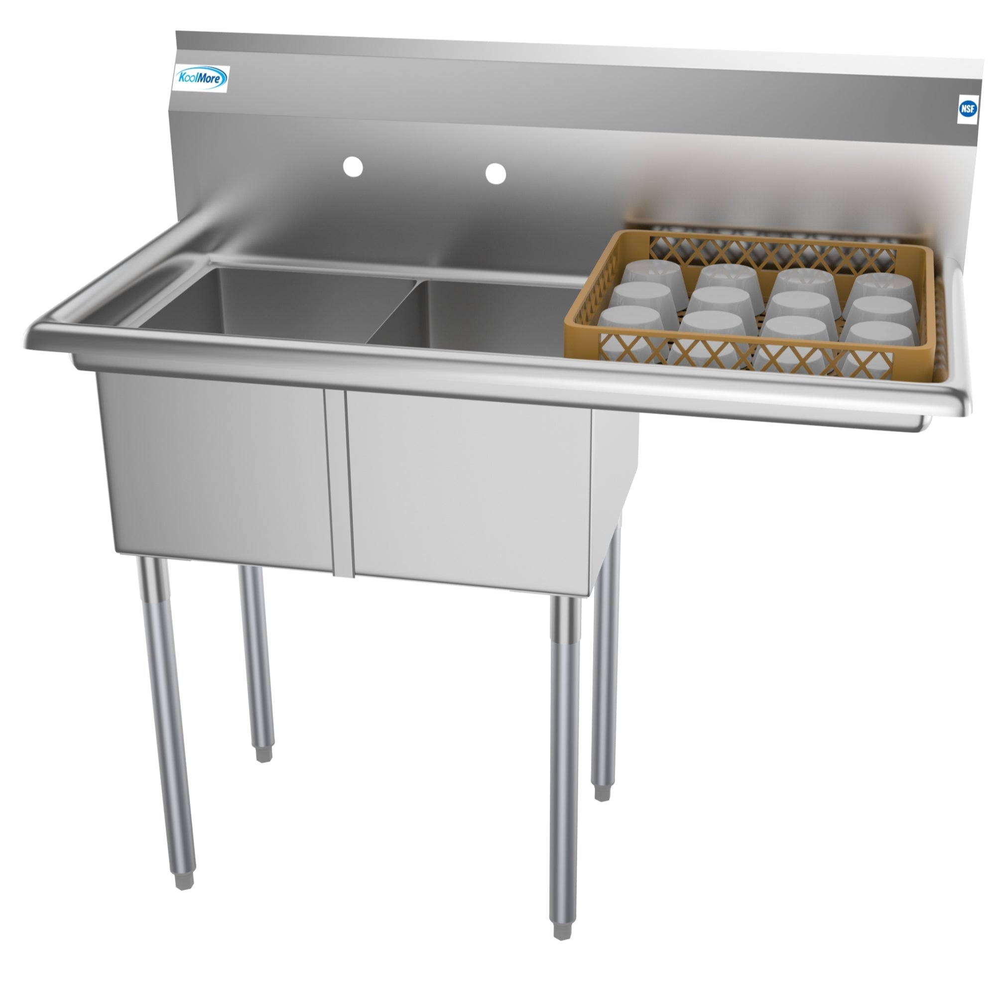 43 in. Two Compartment Stainless Steel Commercial Sink with Drainboard, Bowl Size 12"x 16"x 10"