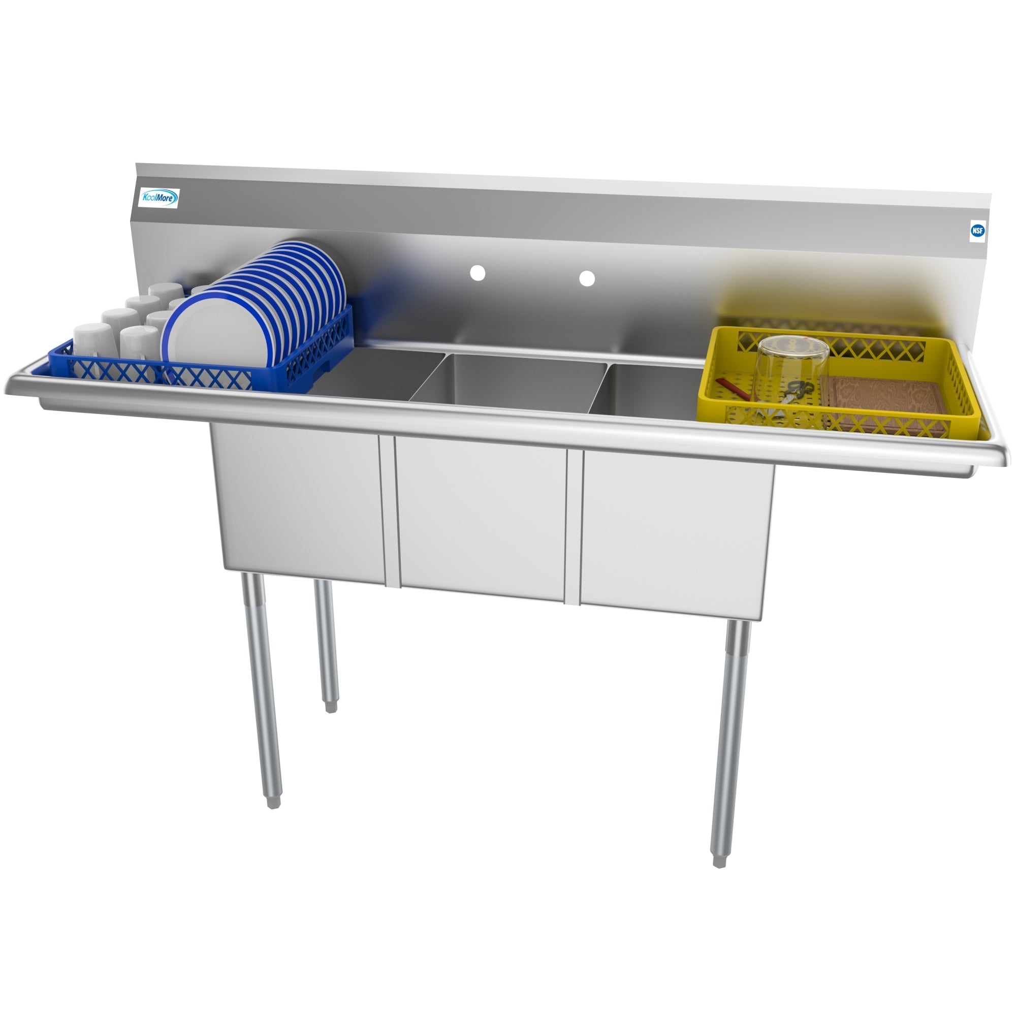 60 in. Three Compartment Stainless Steel Commercial Sink With Drainboards, Bowl Size 12"x 16"x 10"