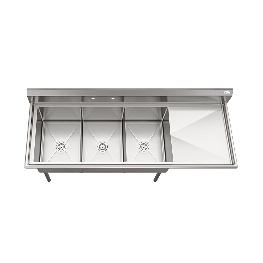 81 in. Three Compartment Commercial Sink Bowl Size 18x24x14 Stainless-Steel 18 Gauge with Right Drainboard