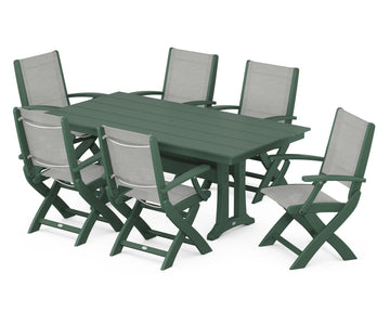 Coastal Folding Arm Chair 7-Piece Farmhouse Dining Set with Trestle Legs