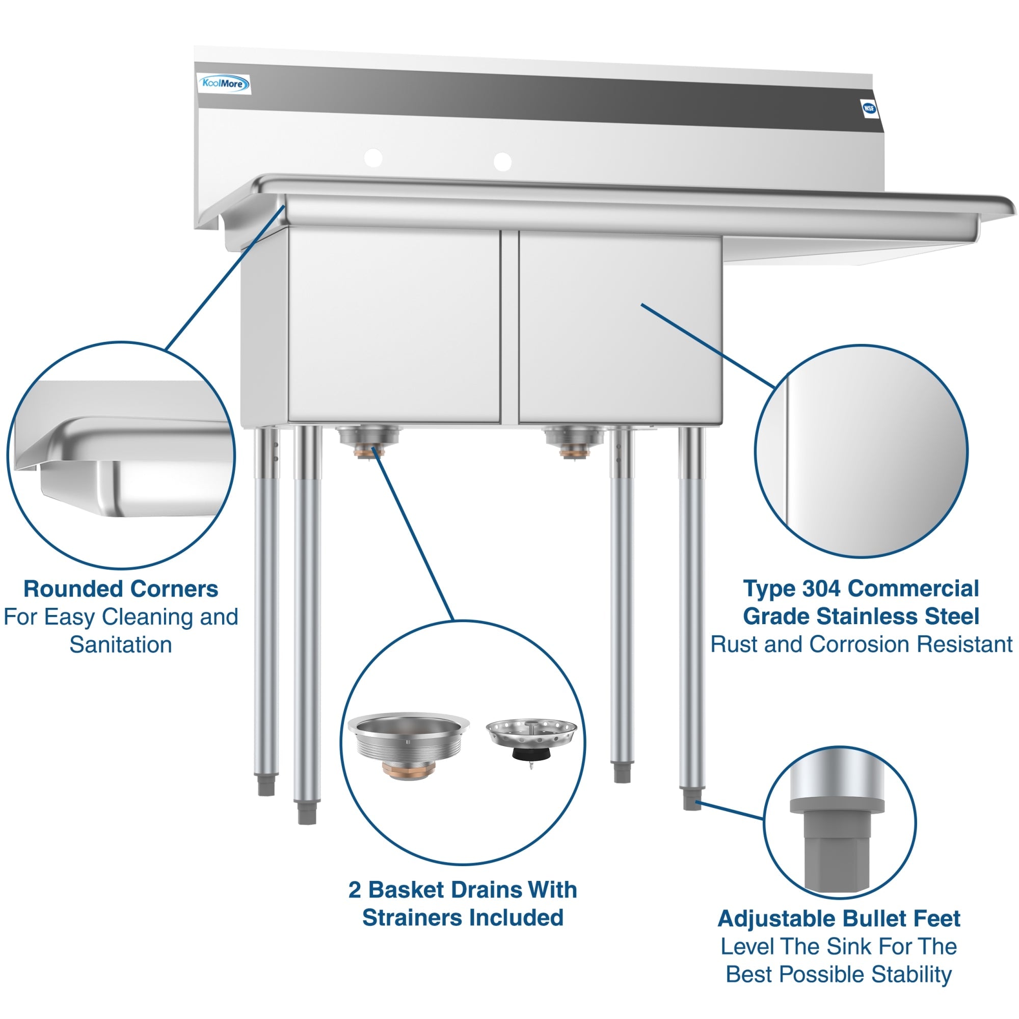 43 in. Two Compartment Stainless Steel Commercial Sink with Drainboard, Bowl Size 12"x 16"x 10"