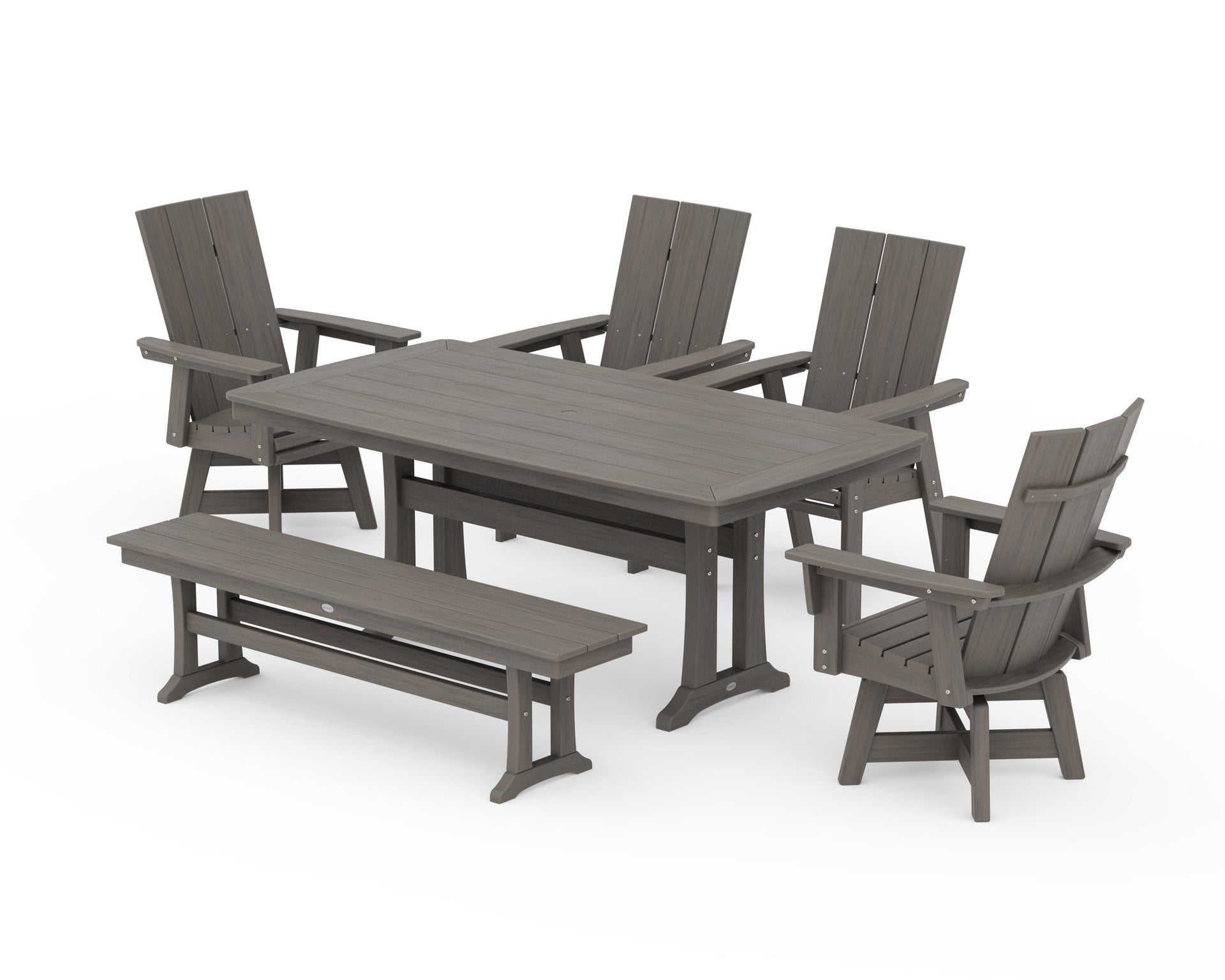 Modern Curveback Adirondack Swivel Chair 6-Piece Dining Set with Trestle Legs and Bench