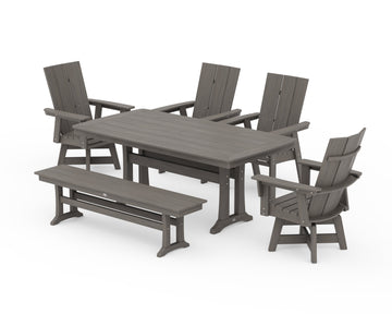 Modern Curveback Adirondack Swivel Chair 6-Piece Dining Set with Trestle Legs and Bench