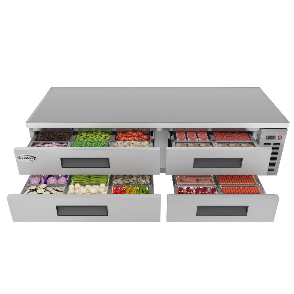 84 in. Commercial Chef Base Refrigerator Storage Cabinet for Cold Foods, Fresh Ingredients, and Condiments, Refrigerated Pull-Out Drawers, Rolling Caster Wheels, ETL Listed