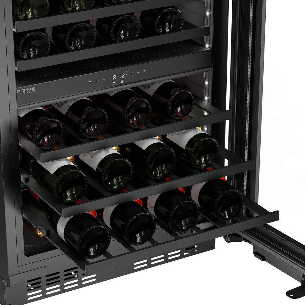 KoolMore Reserve 24 in. Under-Counter Panel Ready Dual Zone Built-in Wine Cooler with Black Shelves and 45 Bottle Capacity in Black