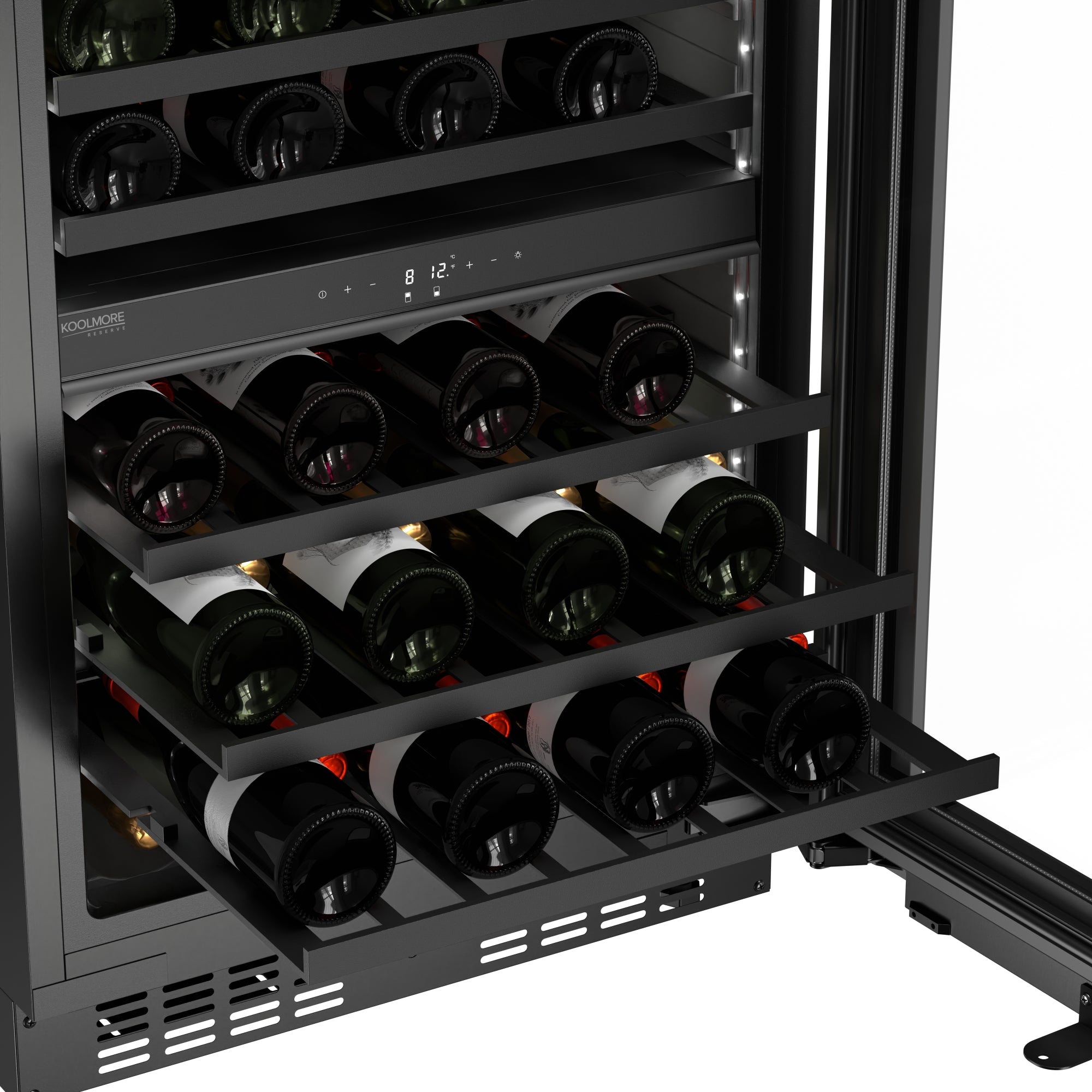 KoolMore Reserve 24 in. Under-Counter Panel Ready Dual Zone Built-in Wine Cooler with Black Shelves and 45 Bottle Capacity in Black