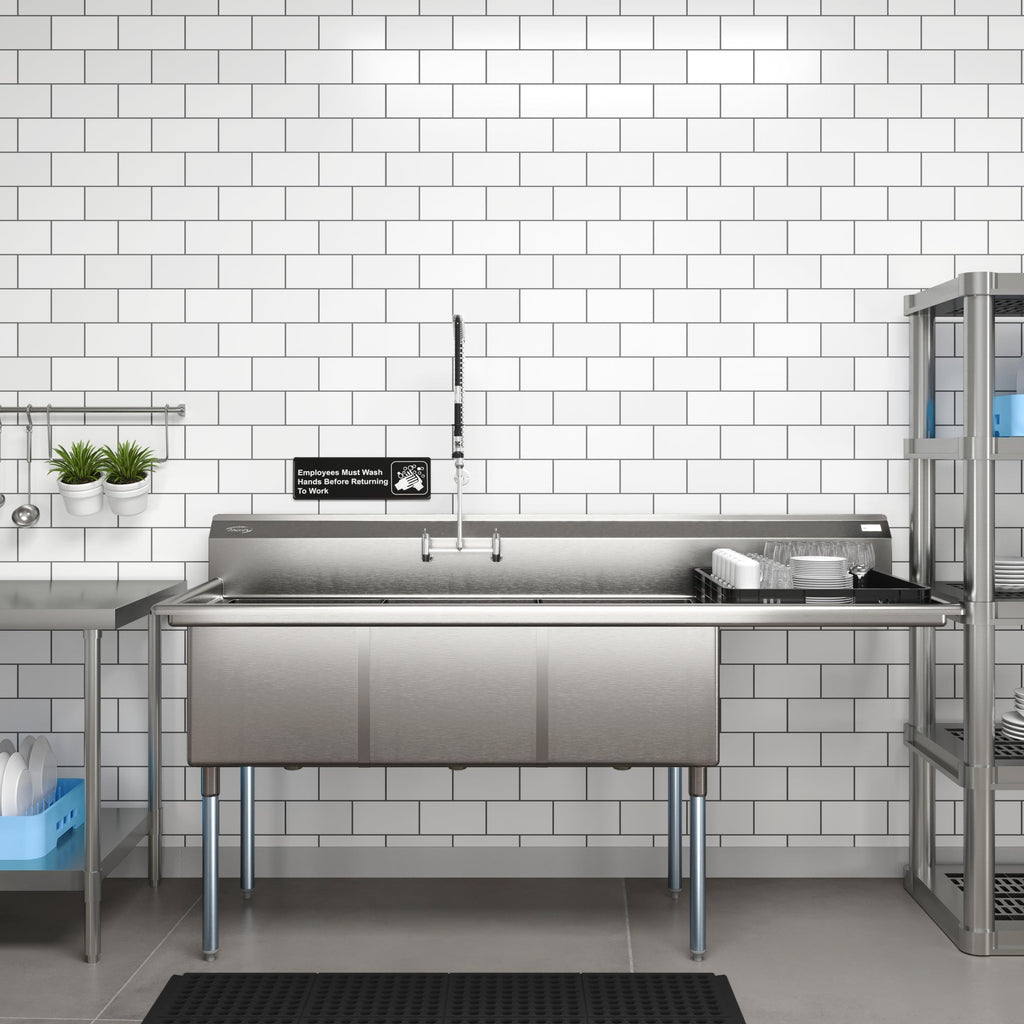 81 in. Three Compartment Commercial Sink Bowl Size 18x24x14 Stainless-Steel 18 Gauge with Right Drainboard