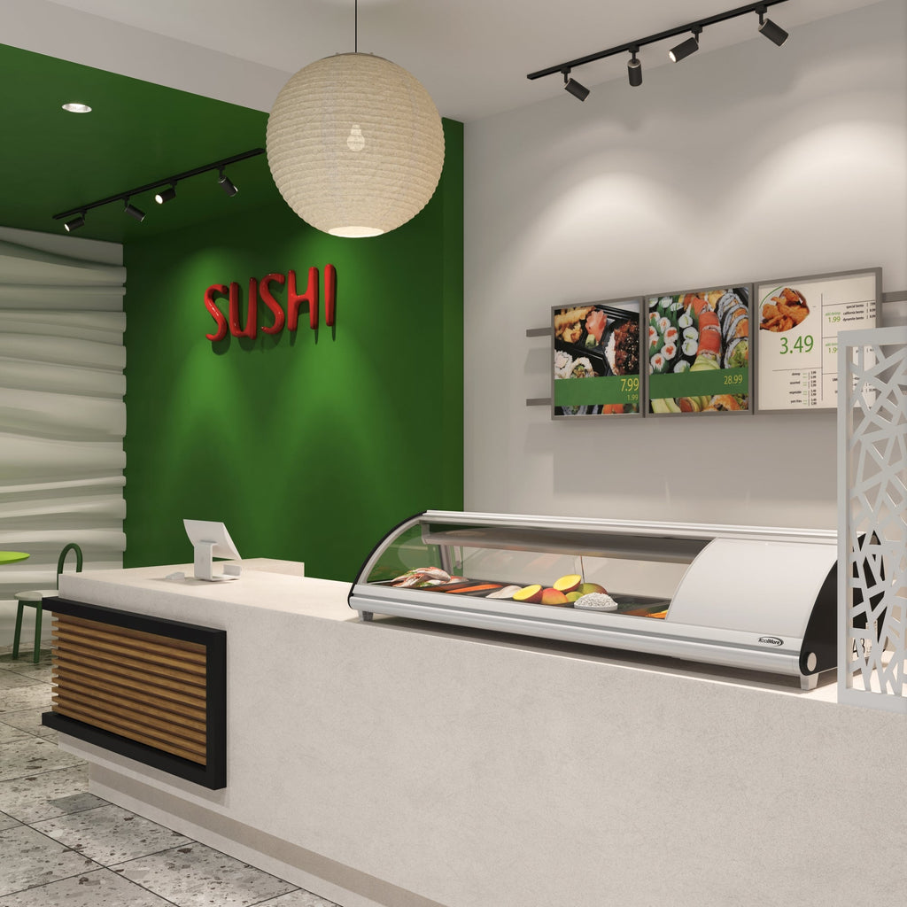 60 in. Glass Sushi Countertop Display Refrigerator with 6 Stainless Steel Trays in White