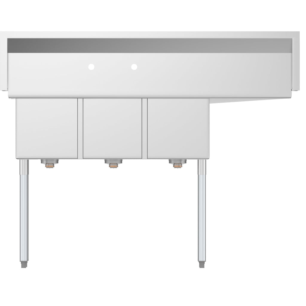 55 in. Three Compartment Stainless Steel Commercial Sink with Drainboard, Bowl Size 12"x 16"x 10"