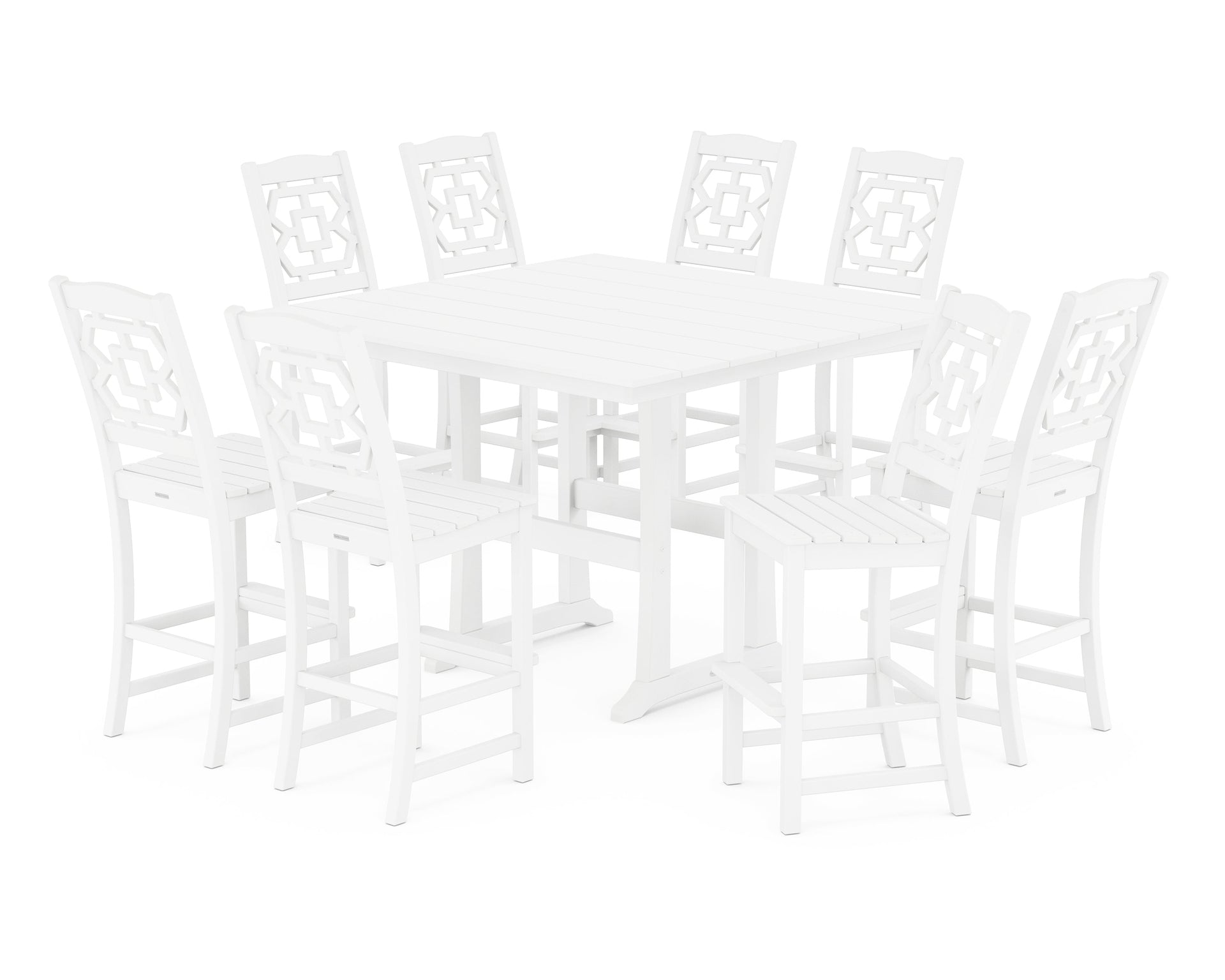 Chinoiserie 9-Piece Square Farmhouse Side Chair Bar Set with Trestle Legs