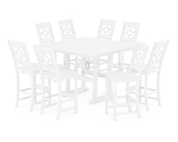 Chinoiserie 9-Piece Square Farmhouse Side Chair Bar Set with Trestle Legs