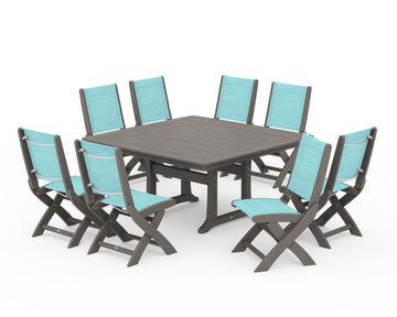 Coastal Folding Side Chair 9-Piece Dining Set with Trestle Legs