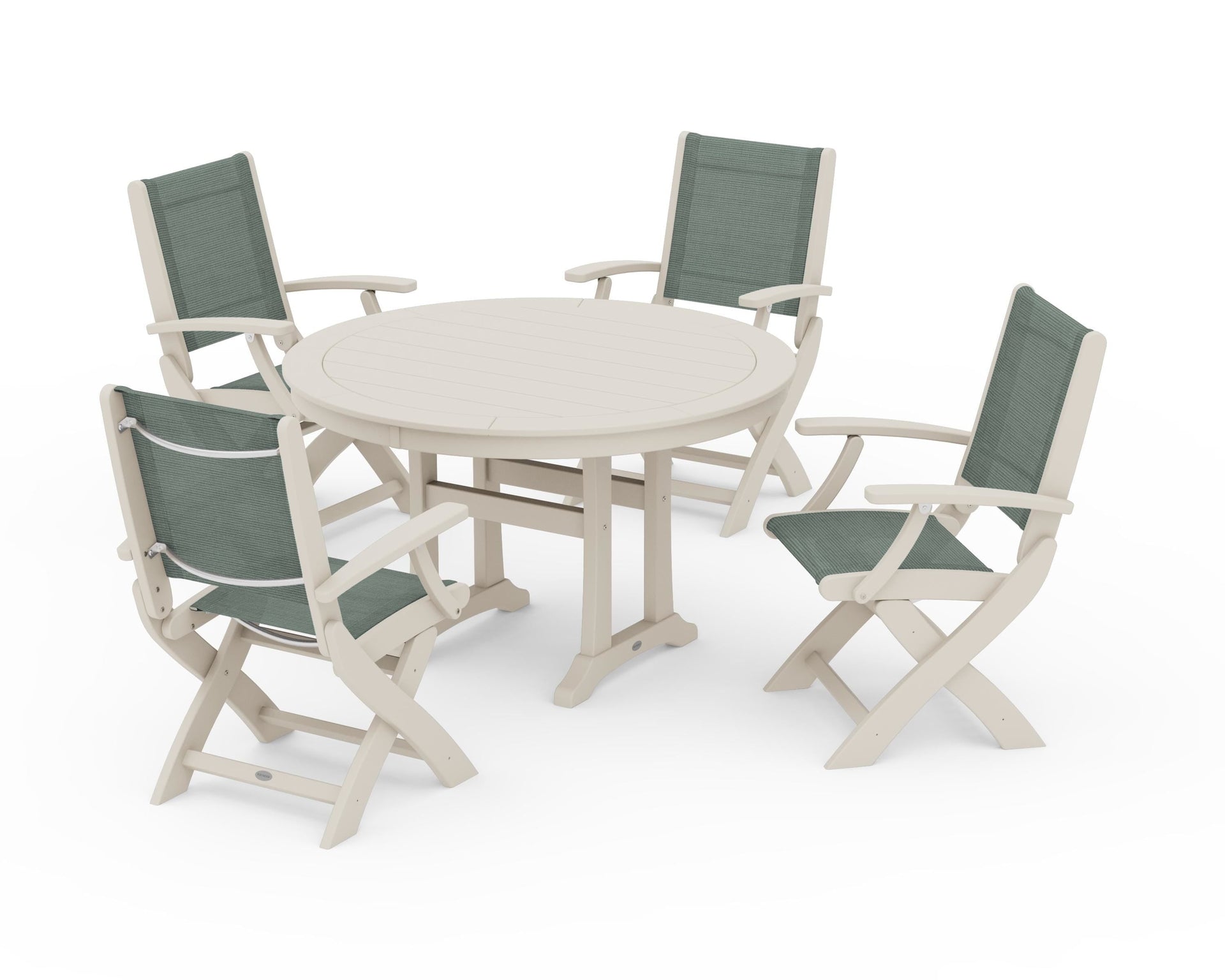 Coastal Folding Chair 5-Piece Round Dining Set with Trestle Legs