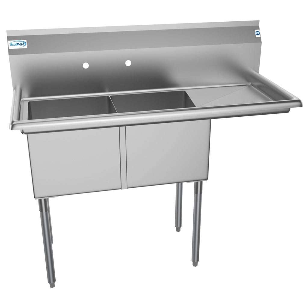 48 in. Two Compartment Stainless Steel Commercial Sink with Drainboard, Bowl Size 15"x 15"x 12"