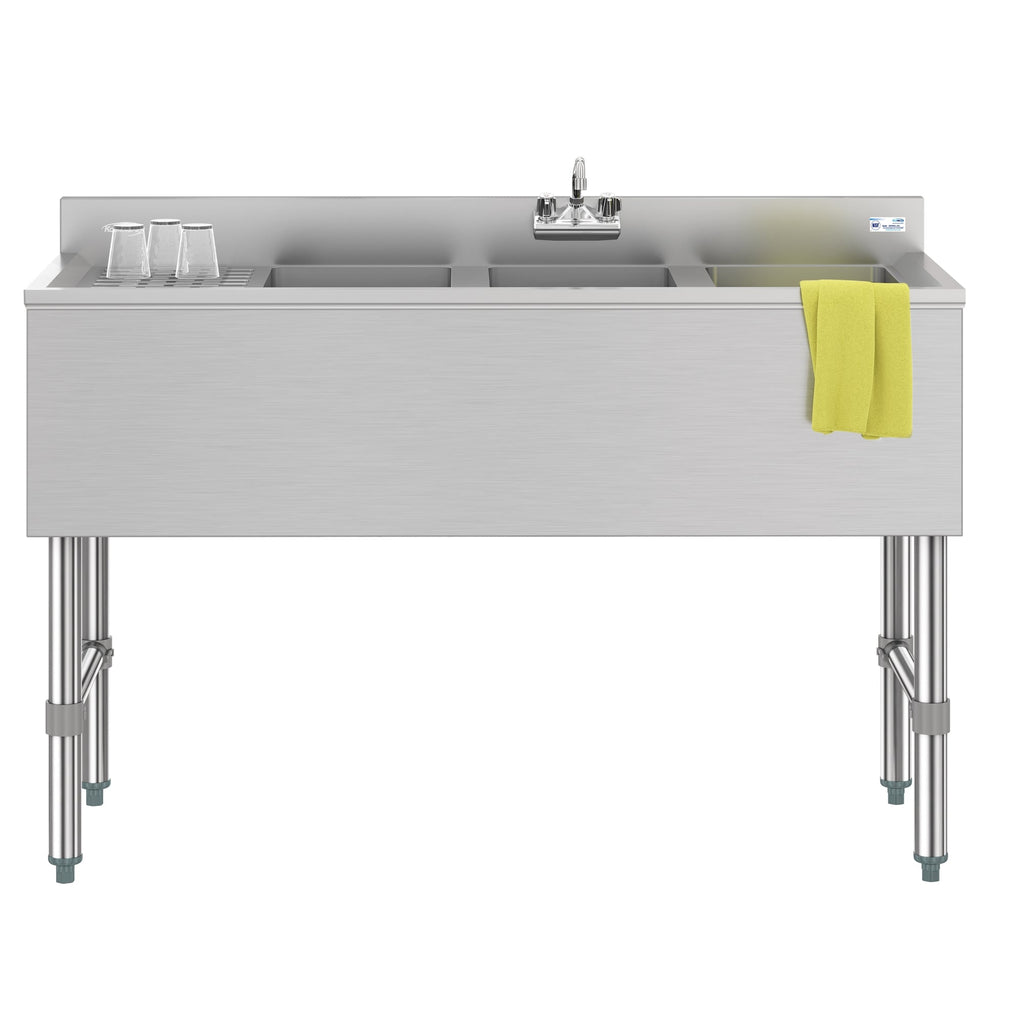 48 in. Three-Compartment Commercial Under-Bar Sink with 3 in. Backsplash, Left Drainboard and Low Lead Faucet, NSF Certified in Stainless Steel
