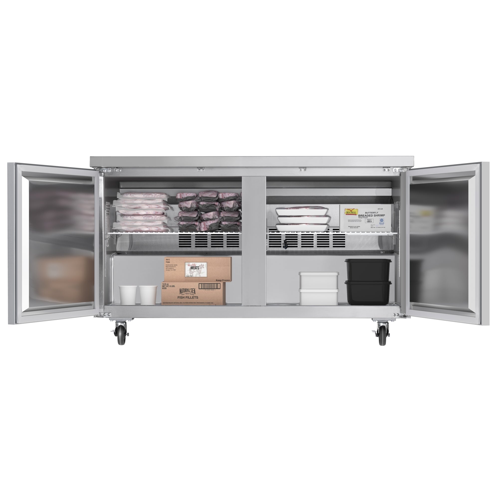 60 in. Two-Door Commercial Undercounter Freezer in Stainless Steel with Casters, ETL Listed