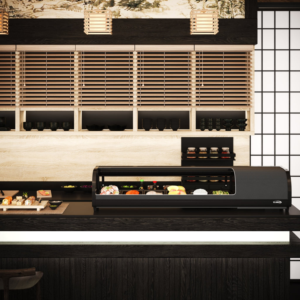 60 in. Glass Sushi Countertop Display Refrigerator with 6 Stainless Steel Trays in Black