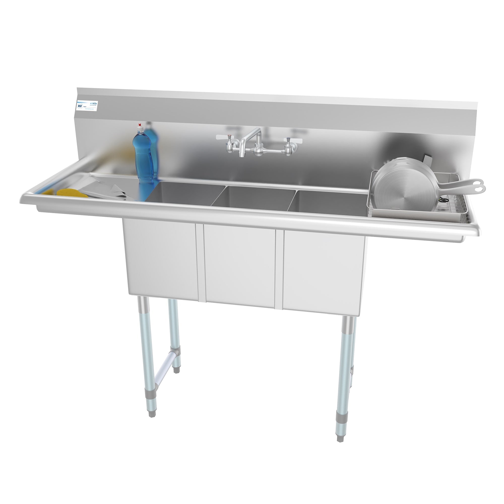 54 in. Three Compartment Stainless Steel Commercial Sink with Faucet and Drainboards, Bowl Size 10"x 10"x 14" SC101410-12B3FA .