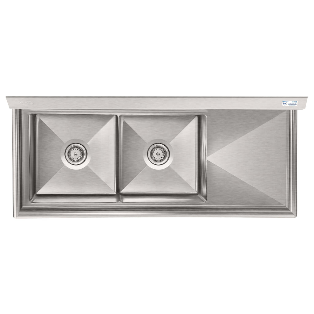 57 in. 18-Gauge 2-Compartment Commercial Sink with Backsplash and 18 in. Right Drainboard, Bowl Dimensions 18"x18"x14" in Stainless-Steel
