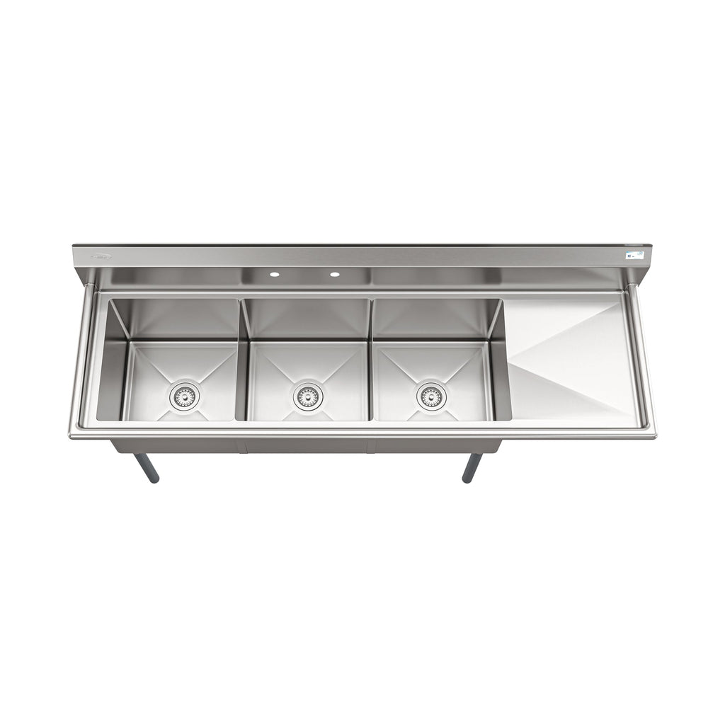 75 in. Three Compartment Commercial Sink Bowl Size 18x18x14 Stainless-Steel 18 Gauge with Right Drainboard