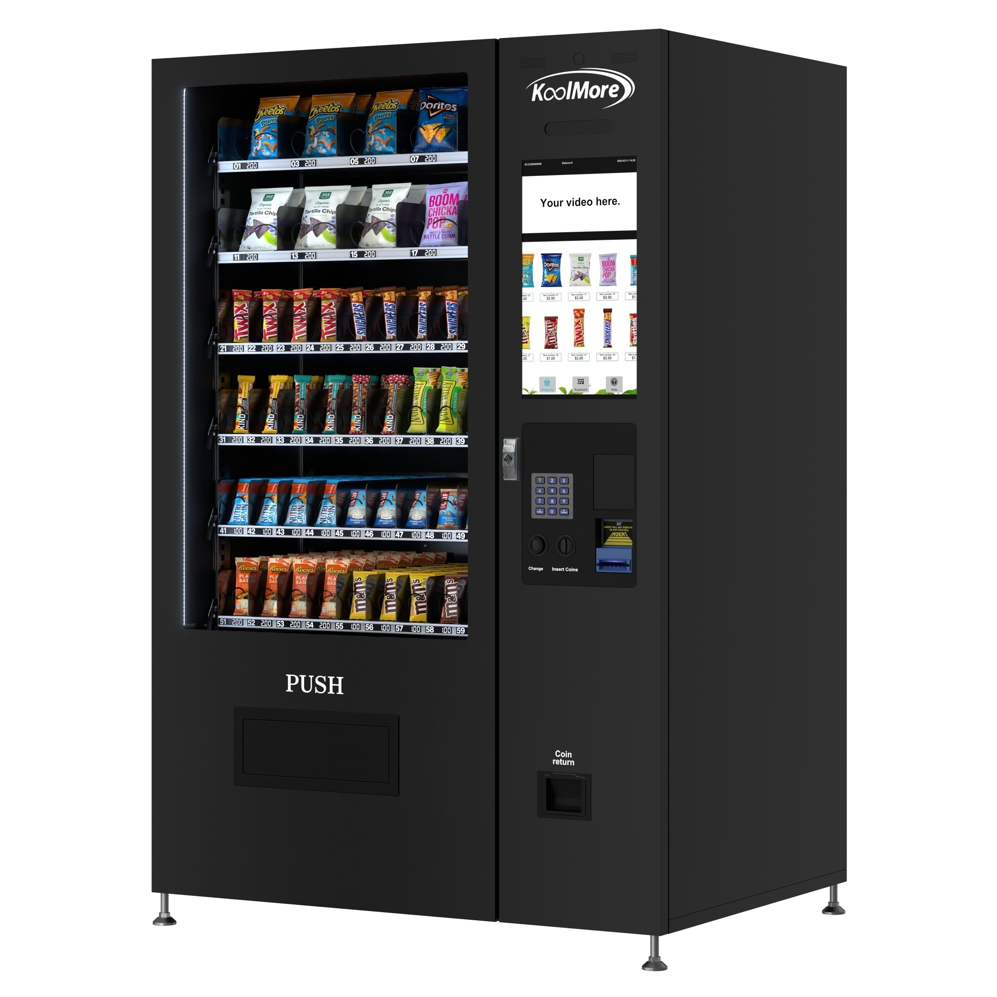 50 in. 60-Slot Snack Vending Machine with 22-inch Touch Screen, Bill and Coin Acceptor in Black, Non-Refrigerated