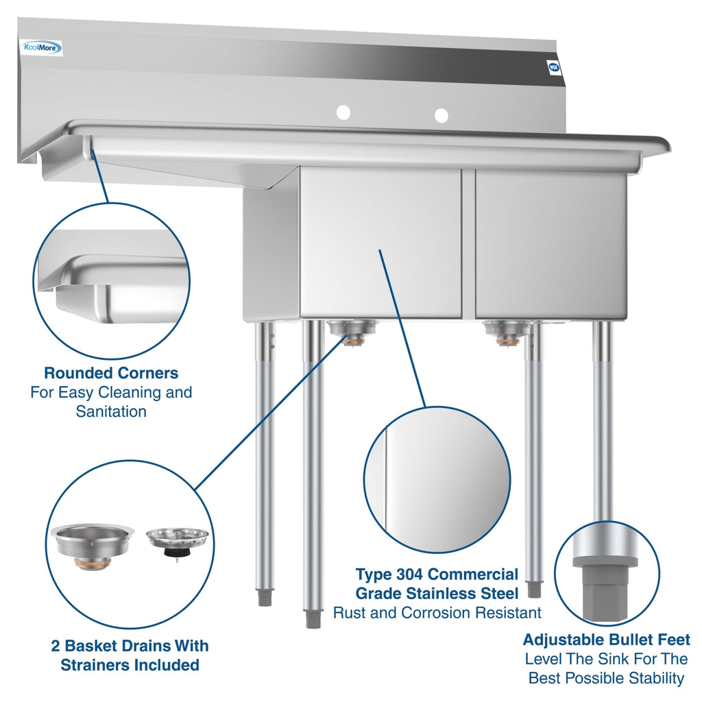 43 in. Two Compartment Stainless Steel Commercial Sink with Drainboard, Bowl Size 12"x 16"x 10"