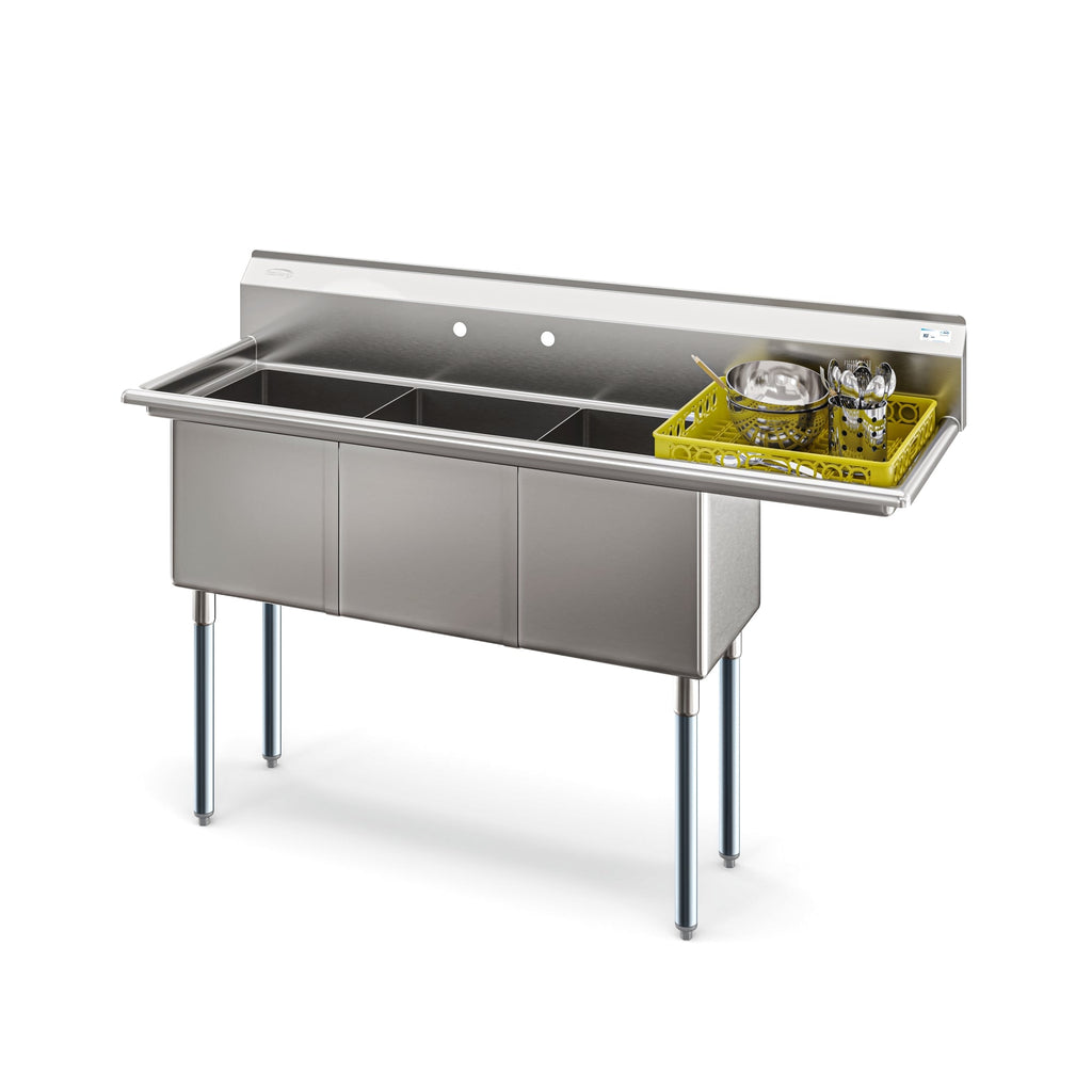 63 in. Three Compartment Commercial Sink, Bowl Size 15x15x14, Stainless-Steel 16 Gauge with Right Drainboard