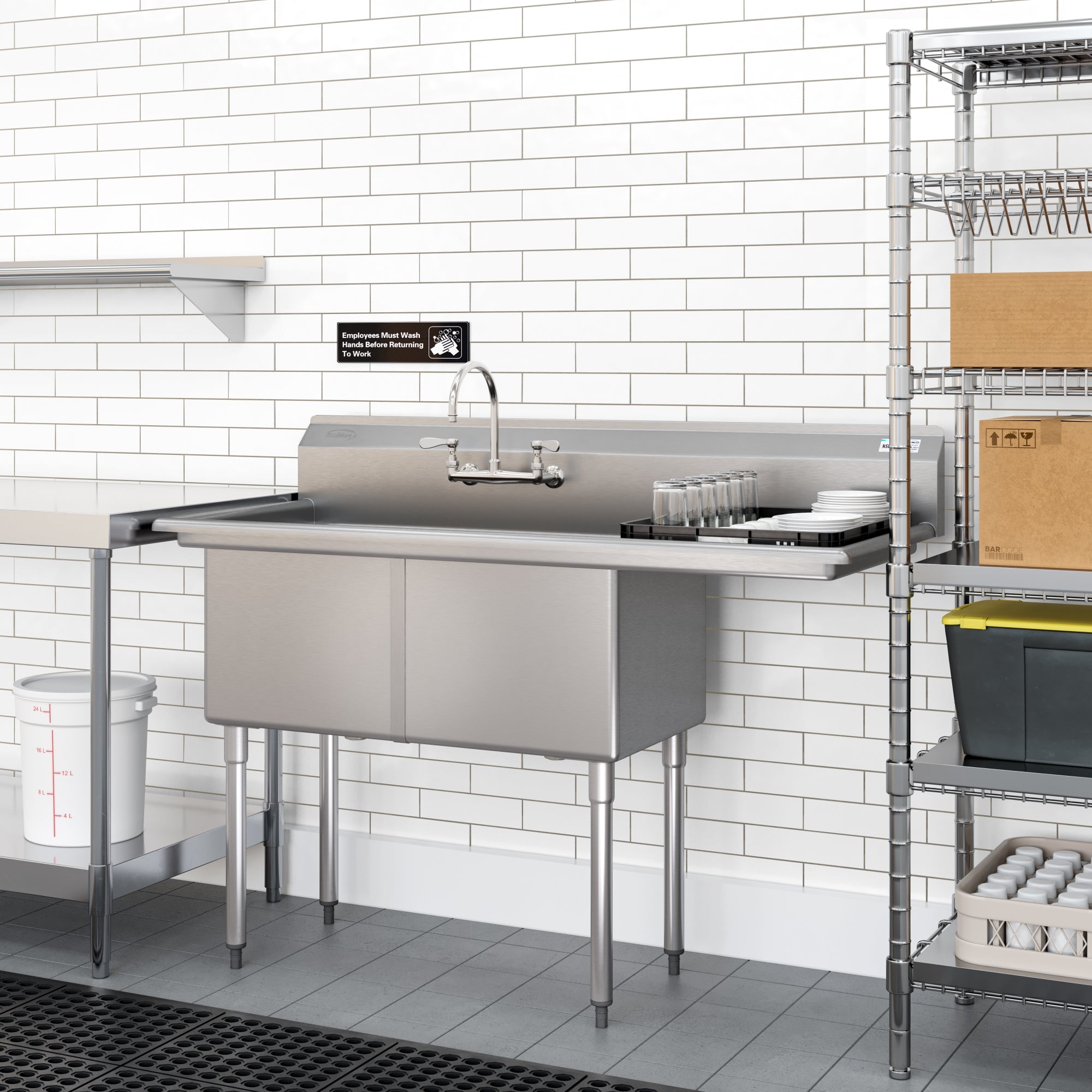 57 in. 16-Gauge 2-Compartment Commercial Sink with 18 in. Right drainboard, Bowl Dimensions 18"x18"x14" in Stainless-Steel